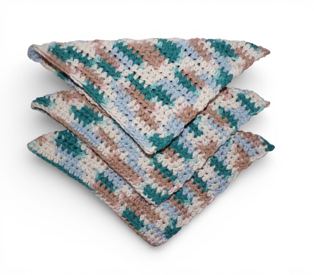 (3) Handmade Crocheted Dishcloths Washcloths 100% Cotton By The Sea Ombre